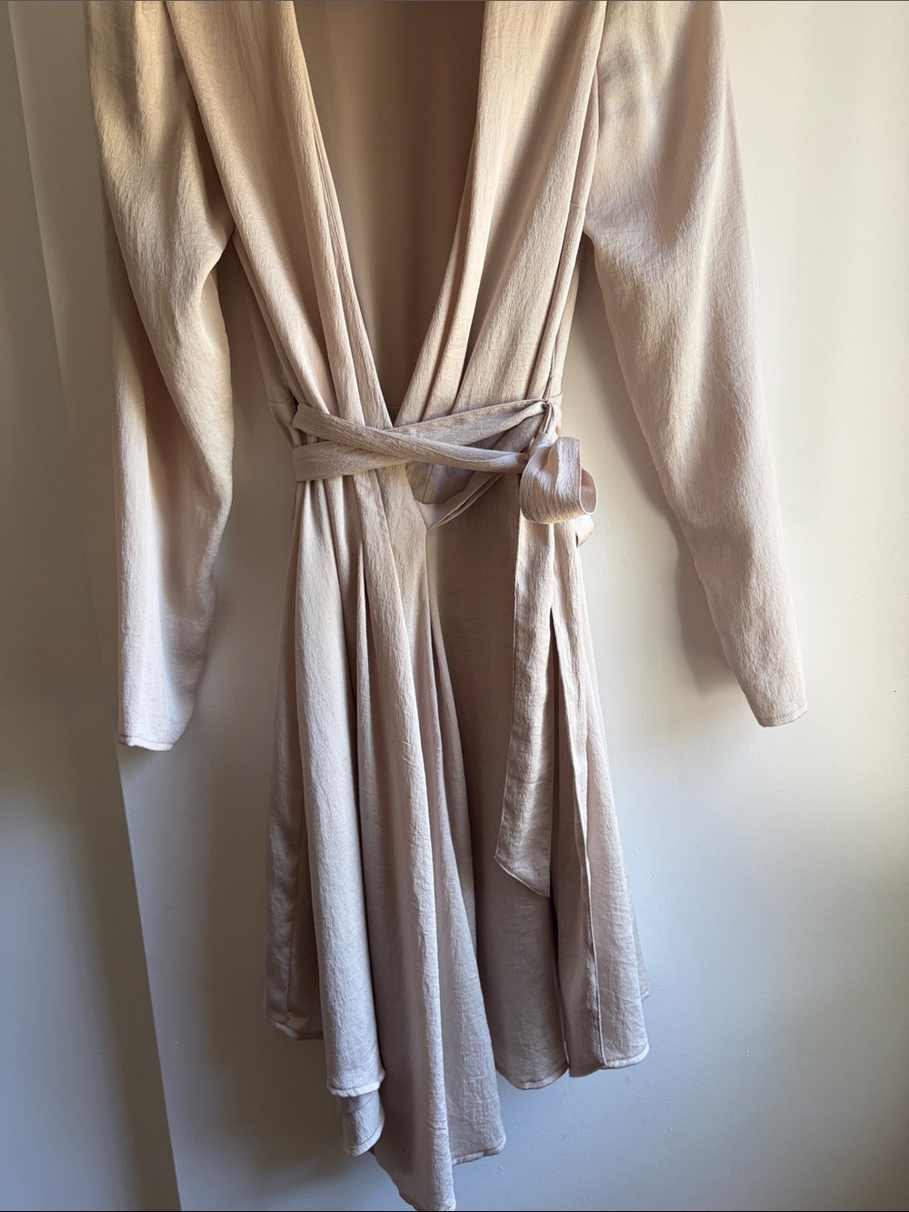 Express Light Cream Wrap Midi Dress with Tie Waist Holiday/Party/Cocktail Dress - Picture 3 of 6